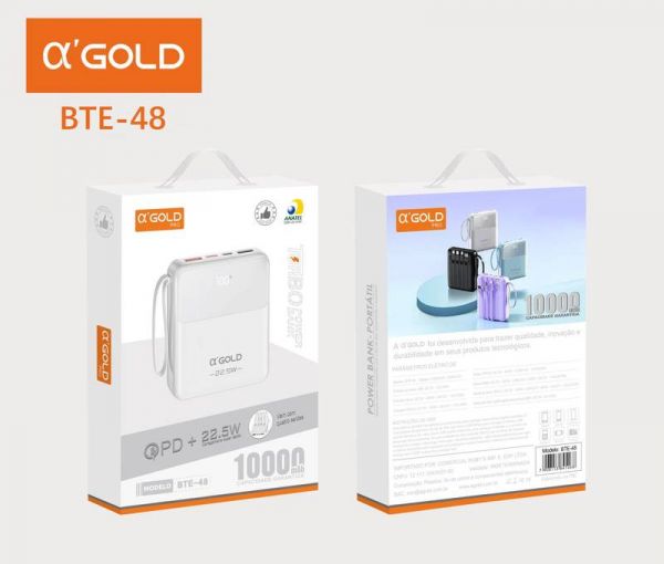 Power Bank 10000mah Turbo 22.5W 3 Saída Usb+Type-C PD Turbo C/cabos V8 Type-C+Iphone A'GOLD BTE-48