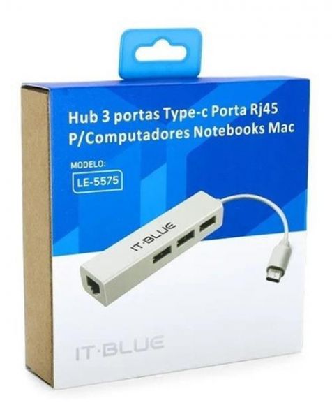 HUB USB 2.0 COM 3 PORTAS TYPE-C E 1 PORTA REDE RJ45 IT-BLUE LE-5575