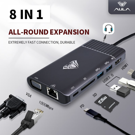 Hub Estação De Encaixe 3.0 8 EM 1 TYPE-C P/HDMI 4K 30HZ/USB/VGA/PD/RJ45/SD Card/P2-AULA OT-95117