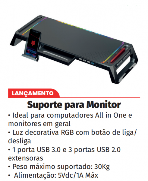 Suporte Gamer Led RGB para Monitor e Notebook Com 4 Porta usb + 1 suportede celular Knup ATZ001