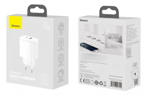 Fonte Carregador de Parede Compact Quick Charger USB+TYPE-C PD20W Baseus CCCP20UE / CCXJ000002