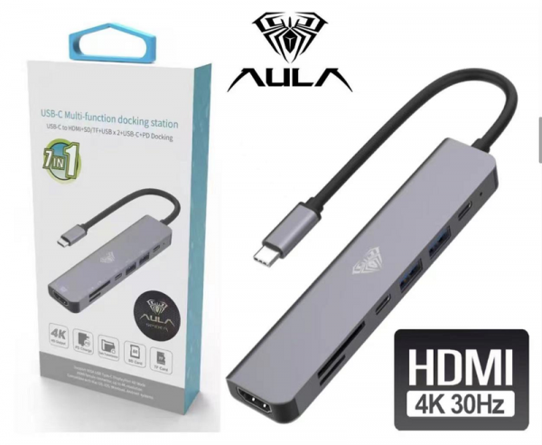 Hub Estação De Encaixe 3.0 7 EM 1 Type-C p/ HDMI 4K 30HZ+USBx2+PD+SD+Micro SD+USB C-AULA UC-902