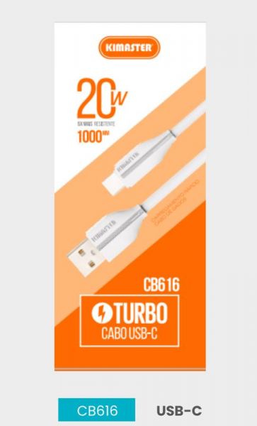 Cabo TYPE-C 1M Turbo 20W Carregamento Rápido Kimaster CB616