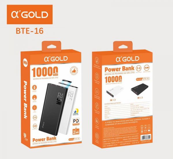 Power Bank 10000mah Turbo 22.5W 3 Saída 2usb + 1 type-c PD18W C/ Visor A'GOLD BTE-16