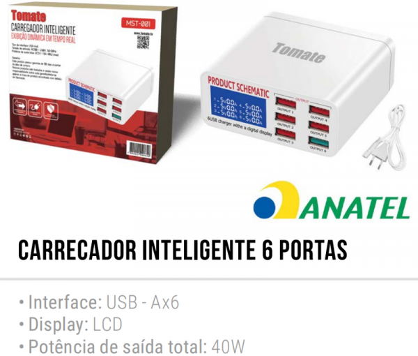 Fonte Carregador 6 USB 40W 8A Com Display LCD TOMATE MST-001