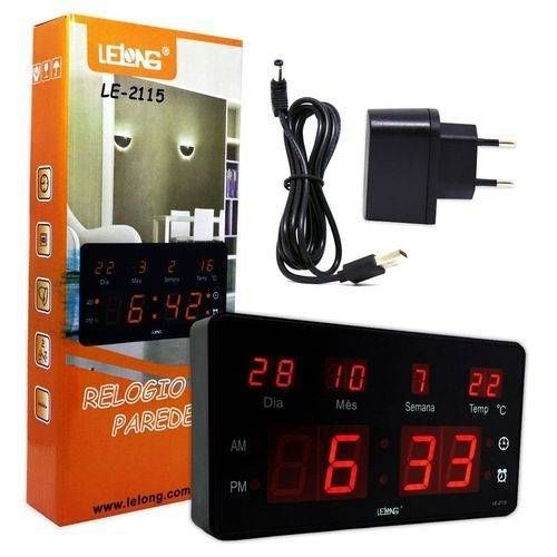 Relógio De Parede Led Digital Le-2115 Lelong Temperatura Calendário 12CM*27CM